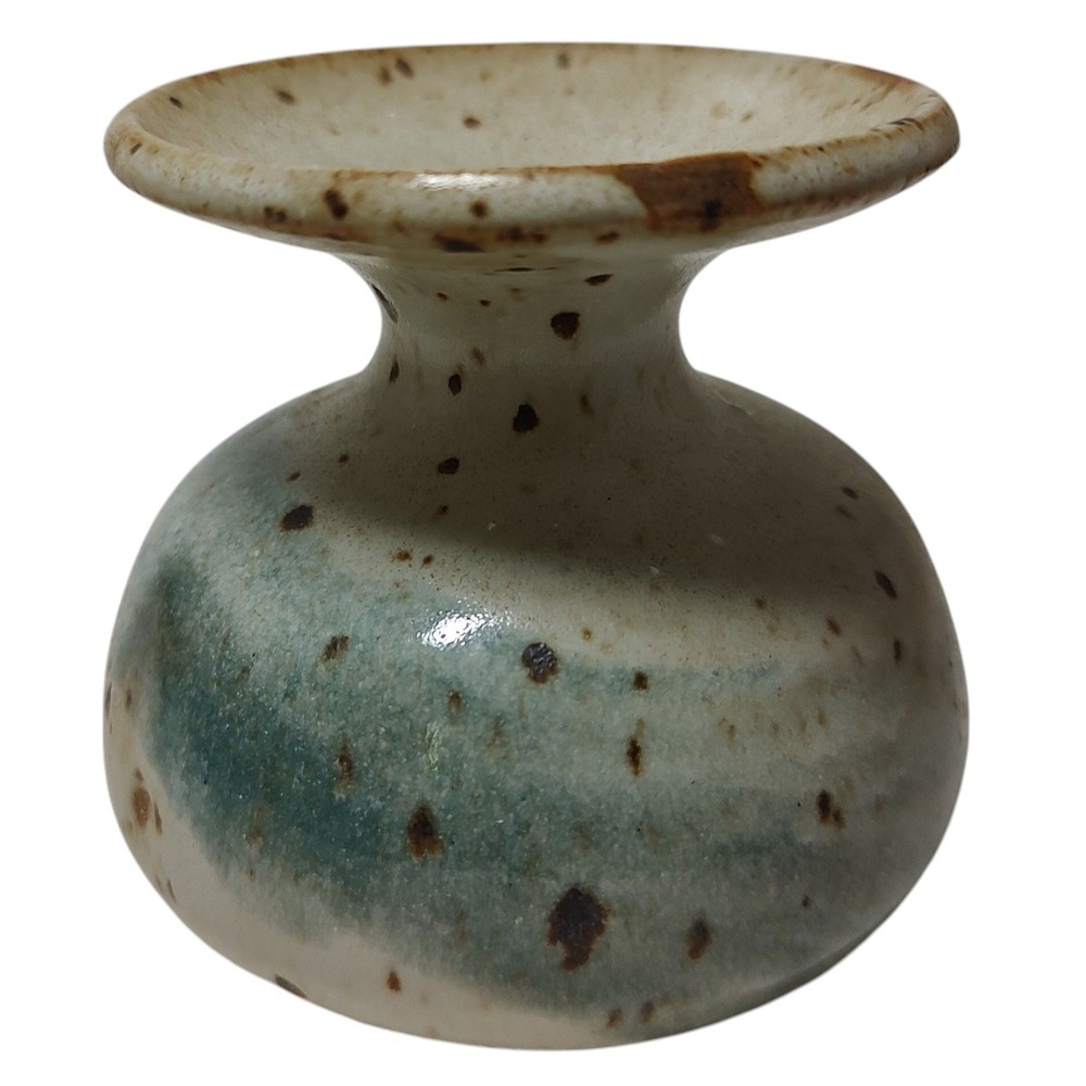Vintage Art Pottery Vase Small Blue Cream Speckled Handmade Glazed Three Inch